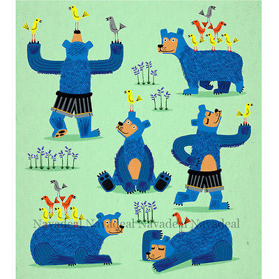 Cartoon Happy Teddy Bears Birds Flower Art Decorative Canvas Wall Poster Picture