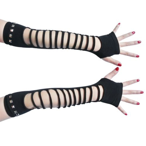 Sexy Black Nikita Punk Rock Studded Long Ripped Arm Warmer Fingerless Knit Dress Costume Gloves