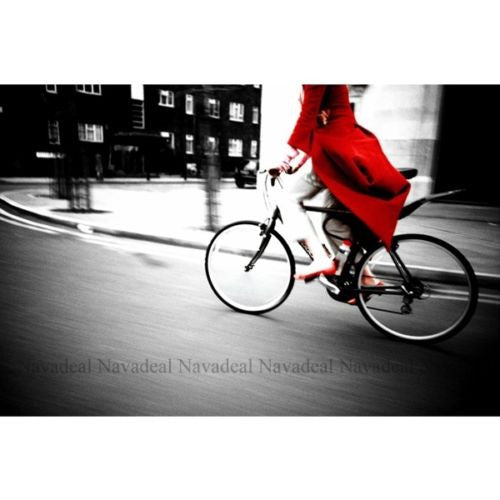 Photography Red Girl Bike Black White Street Print Decorative Canvas Wall Poster