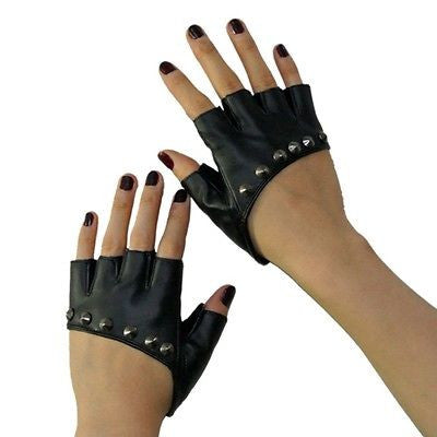 Lady Gaga Sexy Diva Art Black Rivet Fingerless PU Leather Five Fingers Gloves