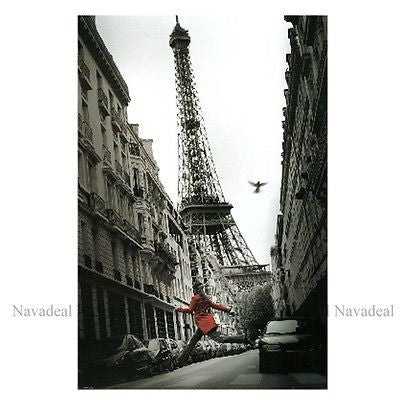 Girl In Red Paris Eiffel Tower Street Decorative Canvas Wall Poster Photography
